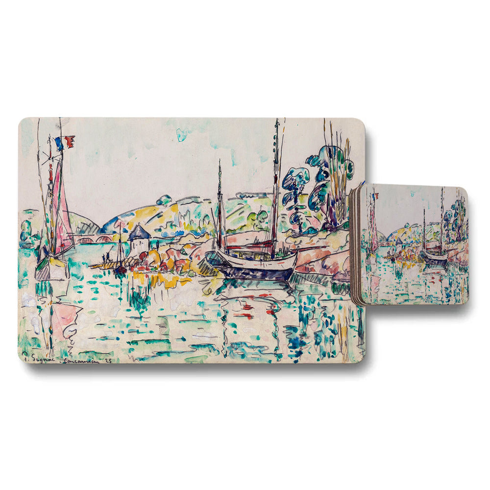 Watercolor Harbor Boat Scene Placemat and Coaster Set