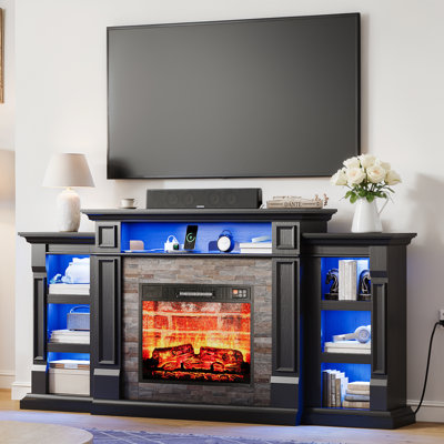  72" W Led Tv Stand With 23" Electric Fireplace Included, Black
