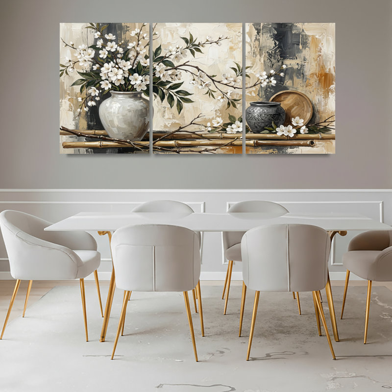 Ensemble de 3 tableaux sur toile tendue représentant des fleurs de cerisier blanches et un vase, pour la décoration du salon et de la chambre.