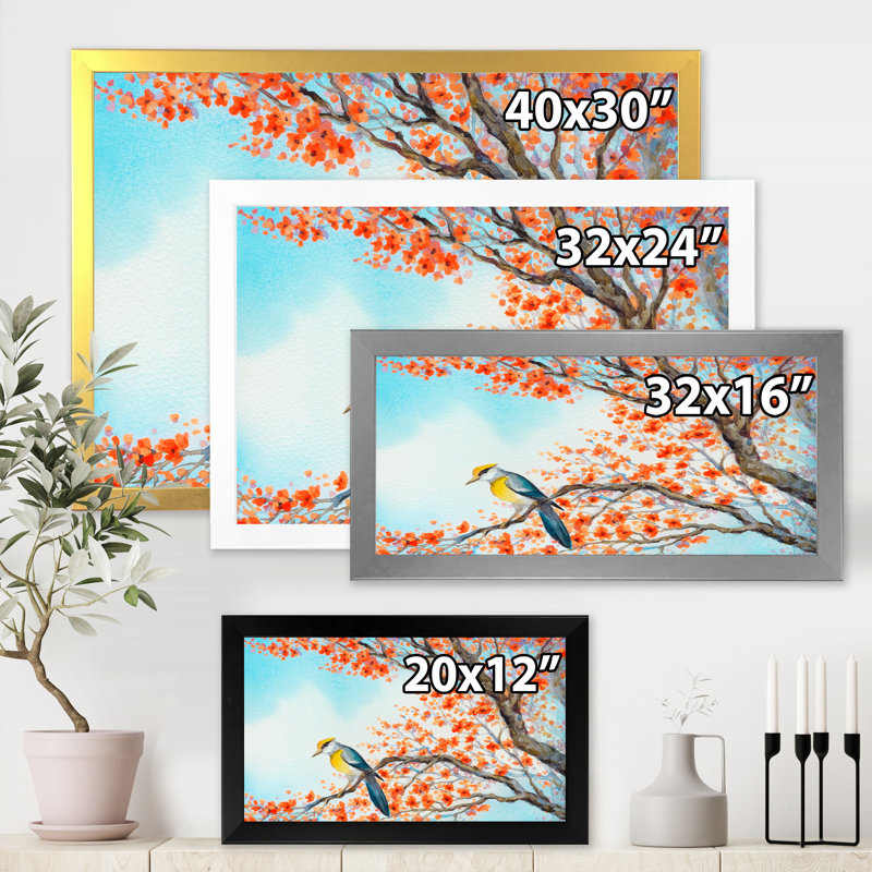 Magnifique oiseau orange sur une branche en fleurs - Peinture sur toile encadrée, H 12 po x l 20 po x p 1 po