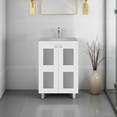 Meuble-lavabo Haysi avec 2 portes en verre givré, lavabo en résine et 2 tablettes intérieures