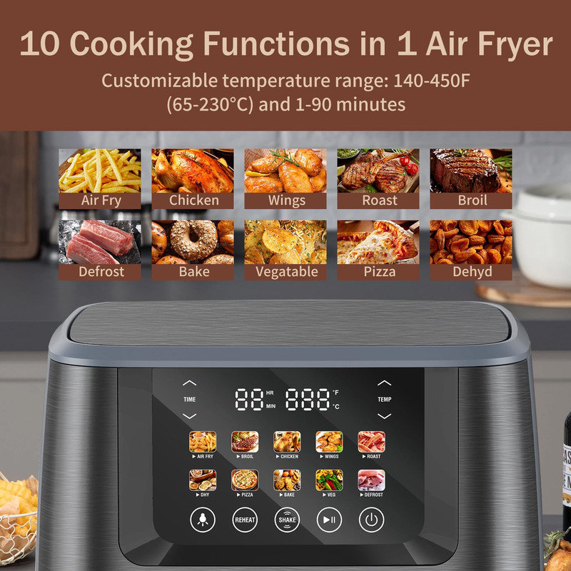 Air Fryer with Colour LCD Display Touchscreen with Cooking Window,Broil,Roast,Dehydrate,Bake,Black, Grey