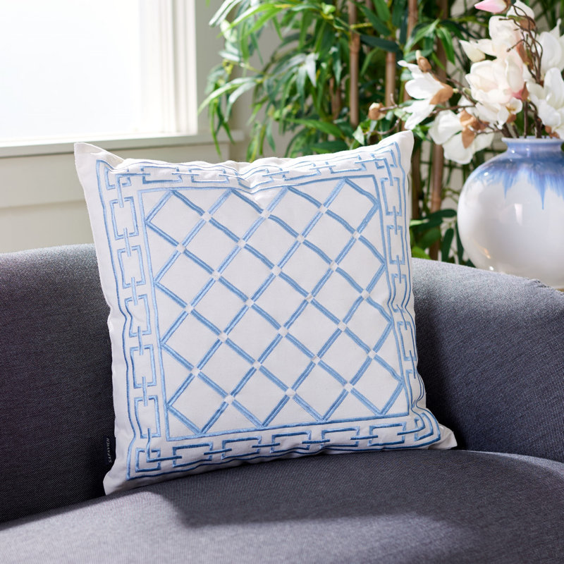 Blue and White Embroidered Cotton Square Throw Pillow