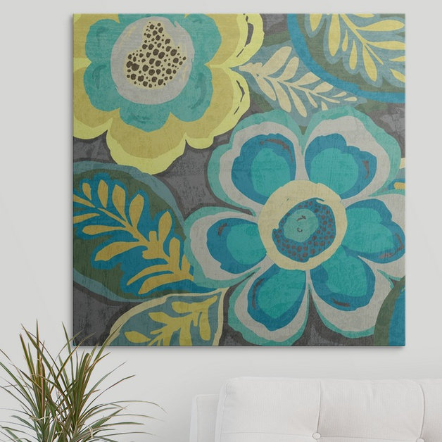 «Floral Assortment Teal on Dark Grey», reproduction d'art, H 30 po x l 30 po x P 1,5 po, Toile