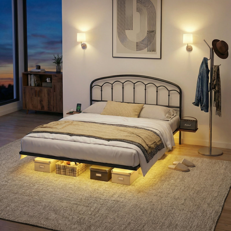 Metal Floating Double Bed Frame with Charging Doard & Lighting