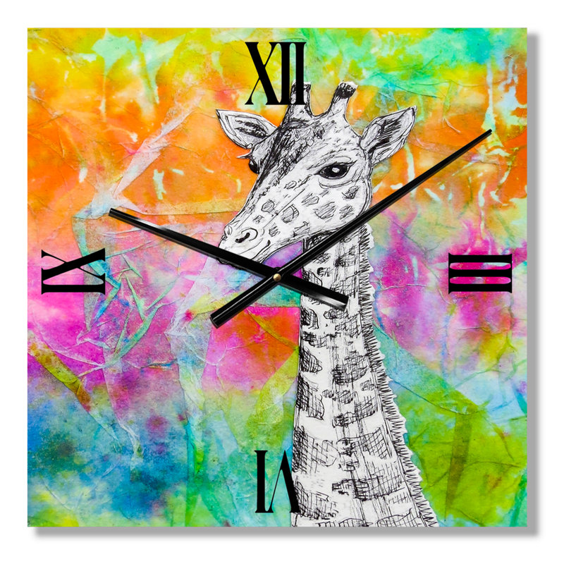 White Giraffe Drawing on Bright Rainbow - Children'S Art Wall Clock, Small