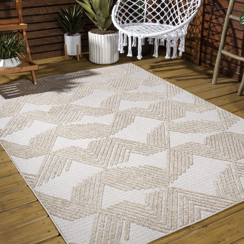 Sumeyya High-Low Pile Art Deco Geometric Beige Indoor/Outdoor Rug, Rectangle 3' x 5'
