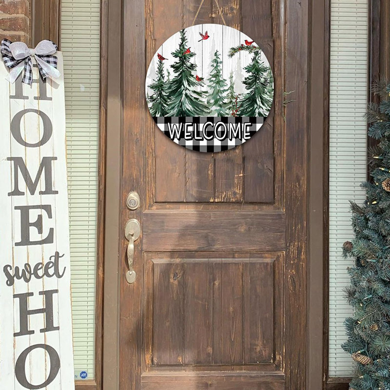 Couronne de porte d'hiver - Naturel - Panneau d'entrée de bienvenue rustique 12 po, mur et porche