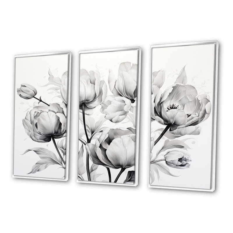 Minimalisme noir blanc tulipes symphonie I - ensemble d'art mural tulipes, Cadre flottant blanc, H 32 po x l 48 po x P 1 po