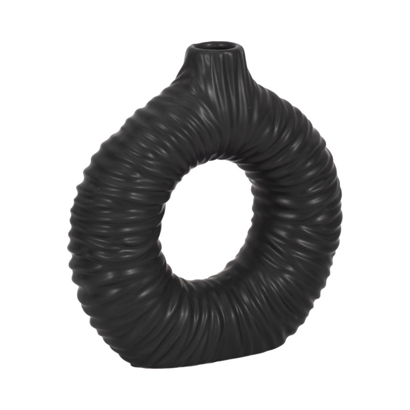 Vase moderne en grès sculpté avec texture nervurée et forme circulaire en forme de beignet, H 9 po x l 9 po x P 3 po, Noir