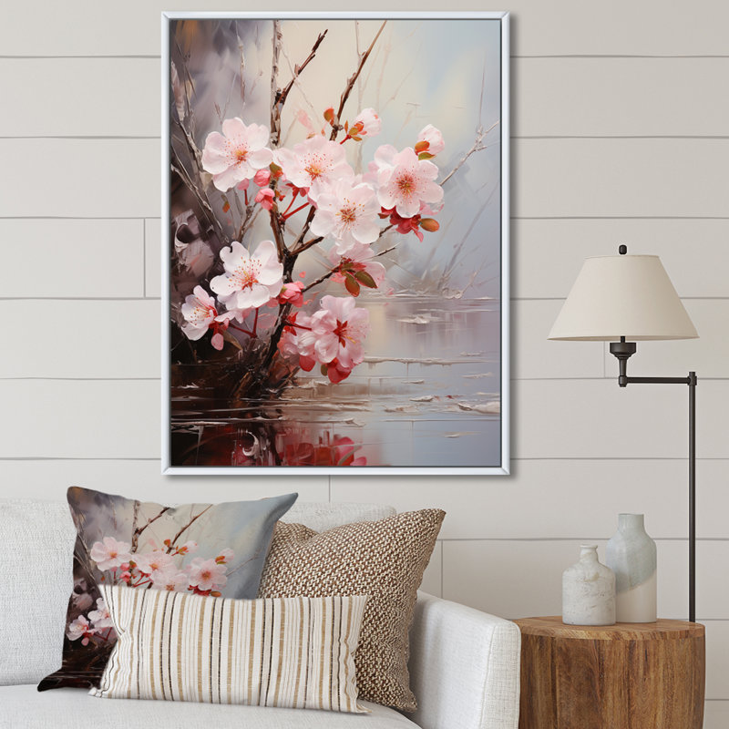 Clen, impression romantique de cerisier rose I - impression, Cadre flottant blanc, H 44 po x l 34 po x P 1,5 po