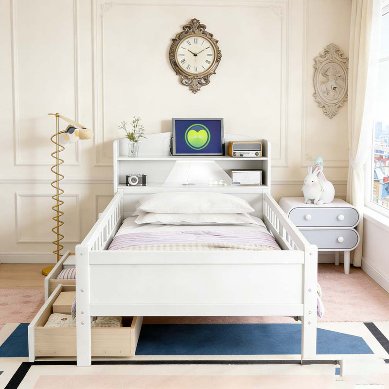 Lit plateforme en bois avec lumière DEL intégrée, Blanc