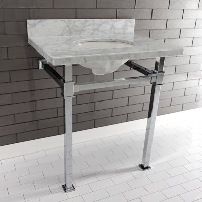 Kingston Brass Monarch 30-Inch Carrara Marble Console Sink with Stainless Steel Legs (8-Inch, 3-Hole)