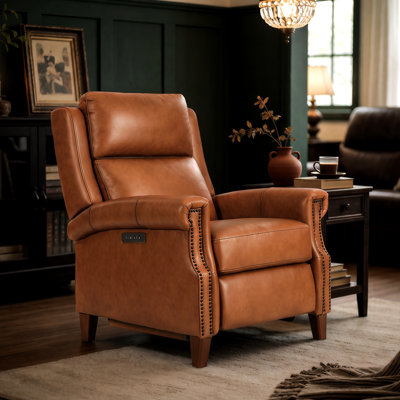 Fauteuil inclinable électrique à double moteur en cuir véritable avec appui-tête réglable électriquement, accoudoirs arrondis et garniture cloutée