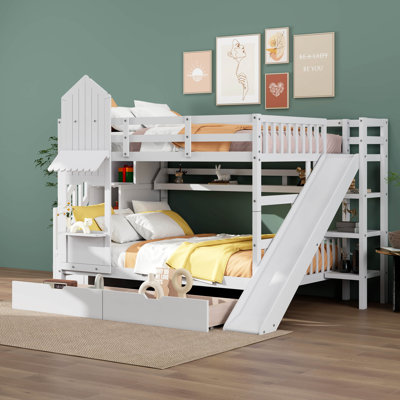 Ietta Kids Bunk Bed with 2 Drawers 3 Shelves and Slide