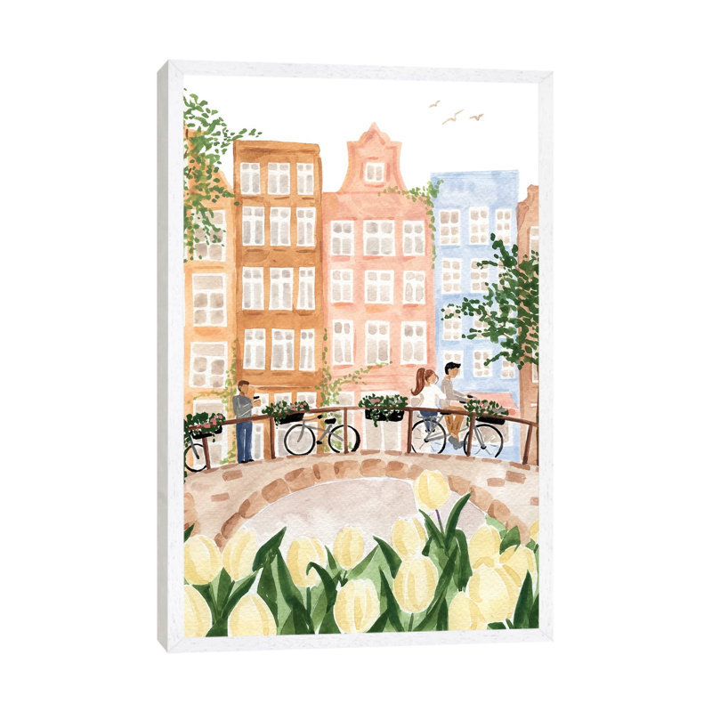 Amsterdam In The Spring by Sabina Fenn - Painting on Canvas, 101.6cm H x 66.04cm W x 3.81cm D, White Floater Framed