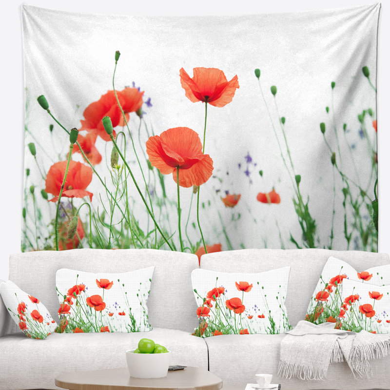 Tapisserie fleurs de coquelicot sur fond blanc, H 78 po x l 92 po