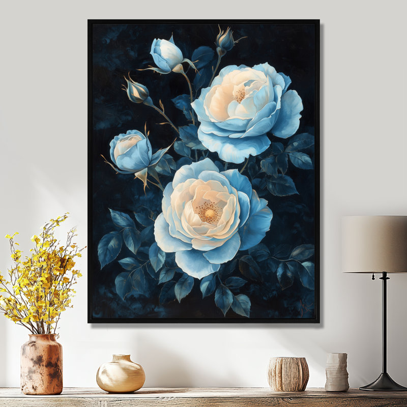 Impression sur toile encadrée «Dark Aqua Roses Elegance At Night II - Roses», H 20 po x l 12 po, Noir