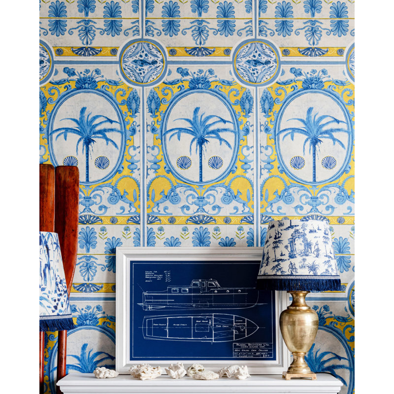 Sundance Villa Wallpaper Roll, Blue/Yellow/Taupe