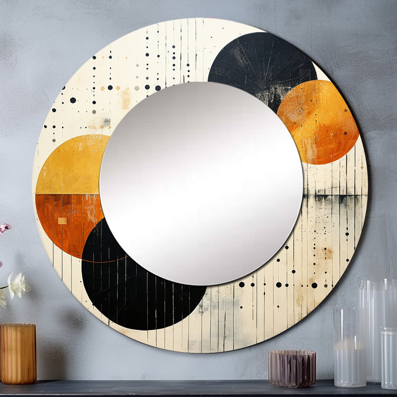 Grey Orange Mid Century Minimalist Oasis I - Minimalism Decorative Mirror, Gray Round Wall Mirror, Printed Metal Art