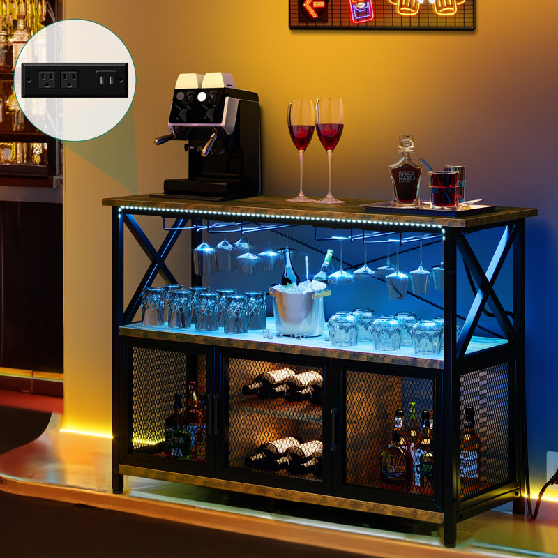 Rustic Industrial 47" Wine Bar Cabinet with LED Lights and Power Outlets