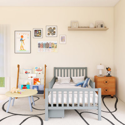 Wood Platform Bed With Guardrails On Both Sides And Two Storage Drawers