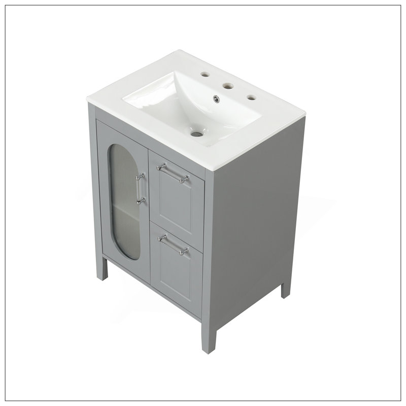 Meuble-lavabo moderne 24 po avec lavabo, meuble-lavabo avec deux tiroirs et porte, tablette réglable, bois massif et panneau de fibres à densité moyenne