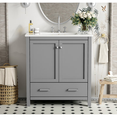 Meuble-lavabo moderne en bois massif gris avec lavabo en céramique encastré, portes d'armoire à fermeture en douceur et tiroir de rangement, ensemble de meuble-lavabo de salle de bain