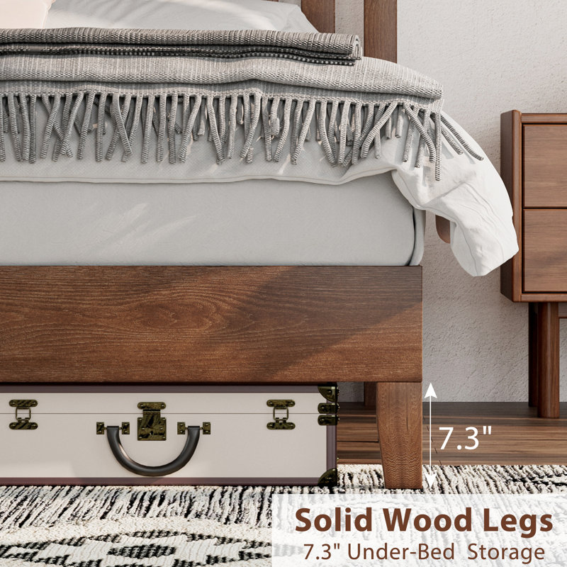 Allare Mid-Century Solid Wood Bed Frame with Headboard, Walnut, Queen