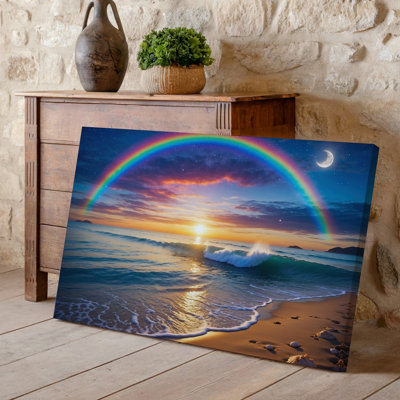 Canvas A Vibrant Fantasy Seascape At Sunset Featuring A Majestic Rainbow Wall Art Arching Across The Sky Its Colors Blending Canvas Wall Art