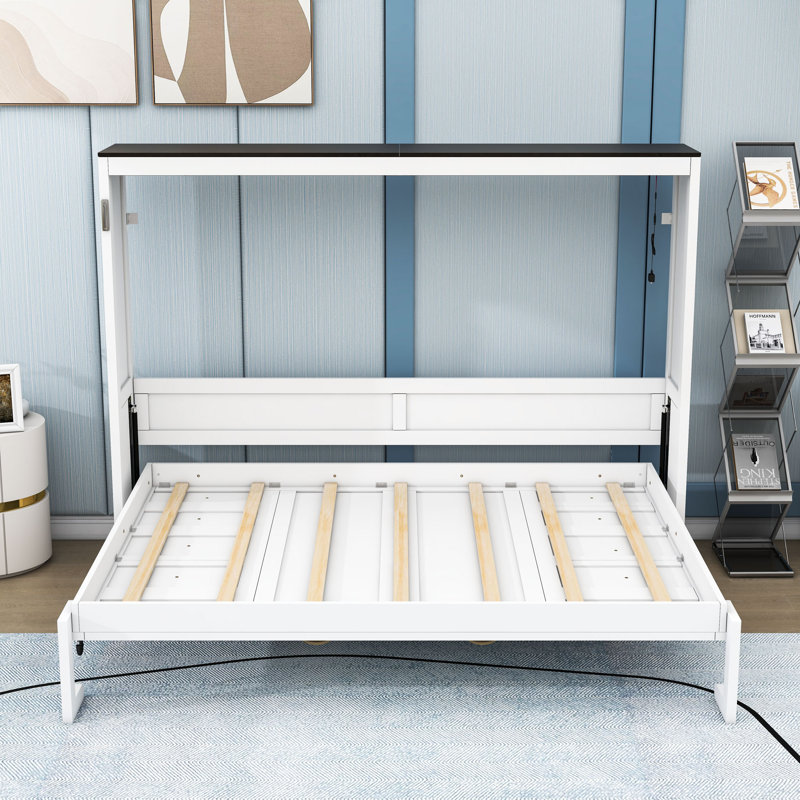 Lit escamotable multifonctionnel en bois avec éclairage DEL, Blanc / Brun, Lit double