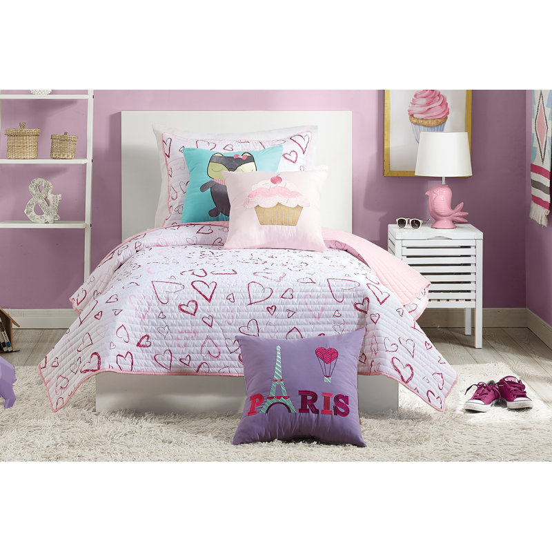 Ensemble de courtepointe réversible rose Desiree Hearts, Courtepointe simple et 1 taie décorative