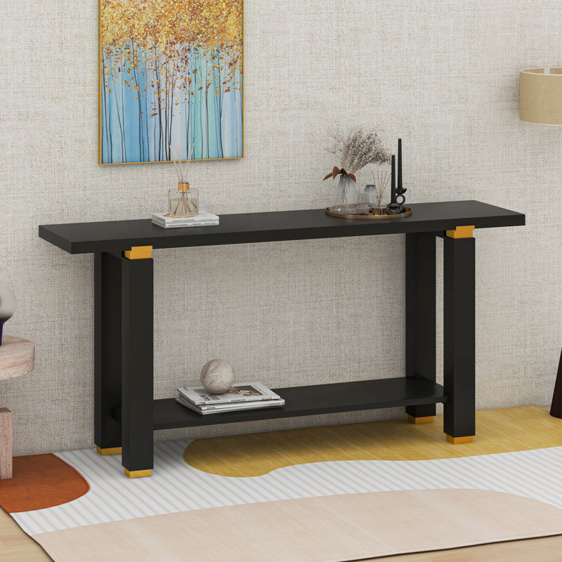 Console moderne minimaliste, canapé d'entrée en bois massif avec détails en métal, tablette intégrée, Noir