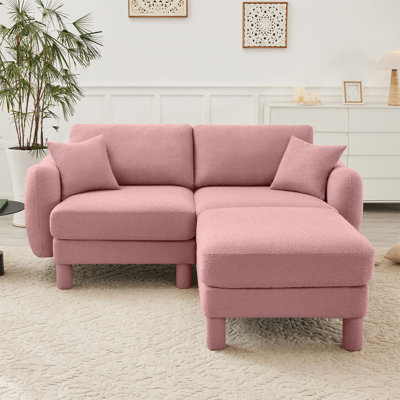 Boucle Fabric Sectional 2-Seater Loveseat Sofa Couch With Distinctive Shell-Shaped Armrests And Removable Ottoman,Cylindrical Legs Wrapped With Self-Fabric Color