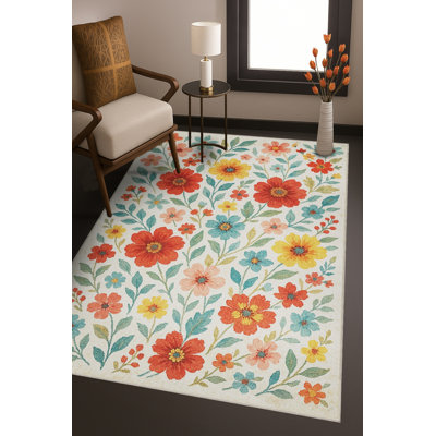 Tapis beige tissé à motif floral lavable Mosso