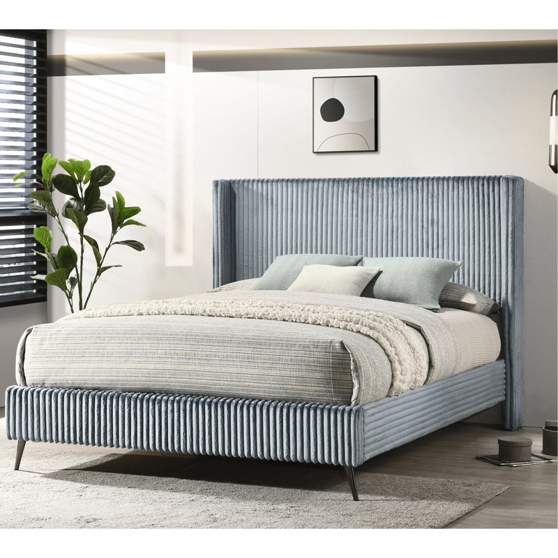 Grand lit bleu - charmant tissu d'ameublement en velours côtelé large, tête de lit moderne à oreilles, 4 lattes en bois de style contemporain enchanteur