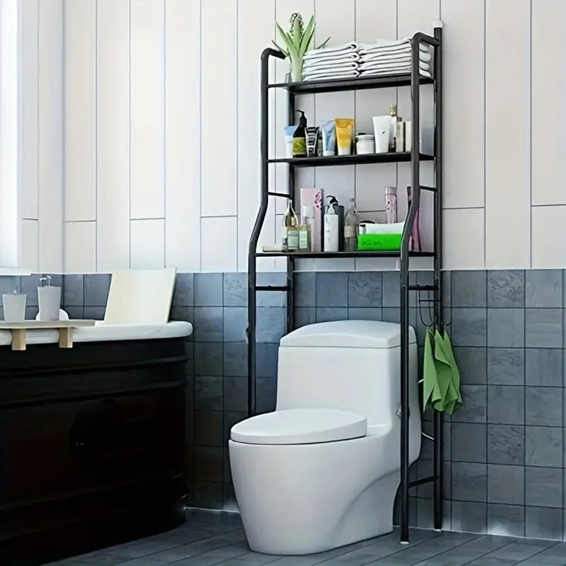 [freestanding Above Toilet Shelf] 3-tier Over The Toilet Storage, 1pc Space Saver Metal Bathroom Shelves, Freestanding Above Over Toilet Storage Shelf With Hooks For Bathroom, Black