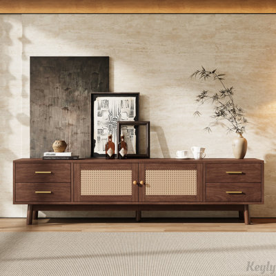 Modern TV Stand with Rattan Doors and 4 Drawers for TVs up to 80 Inch