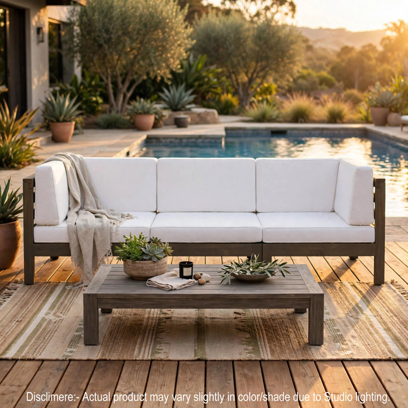 Carie Outdoor 3pc Sofa Set, White Fabric Cushions, Slatted Brown Wood