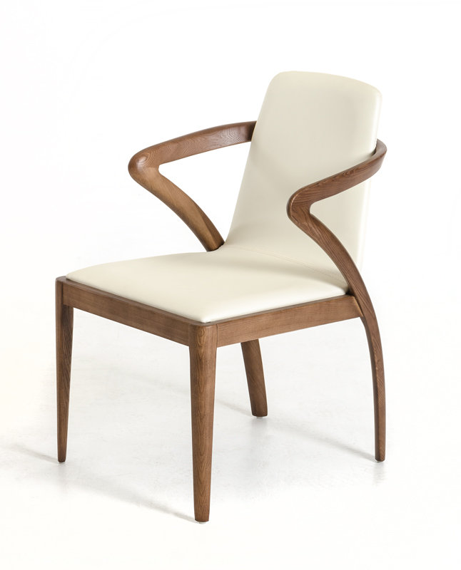 Cream Faux Leather Upholstered Arm Chair with Walnut Finish