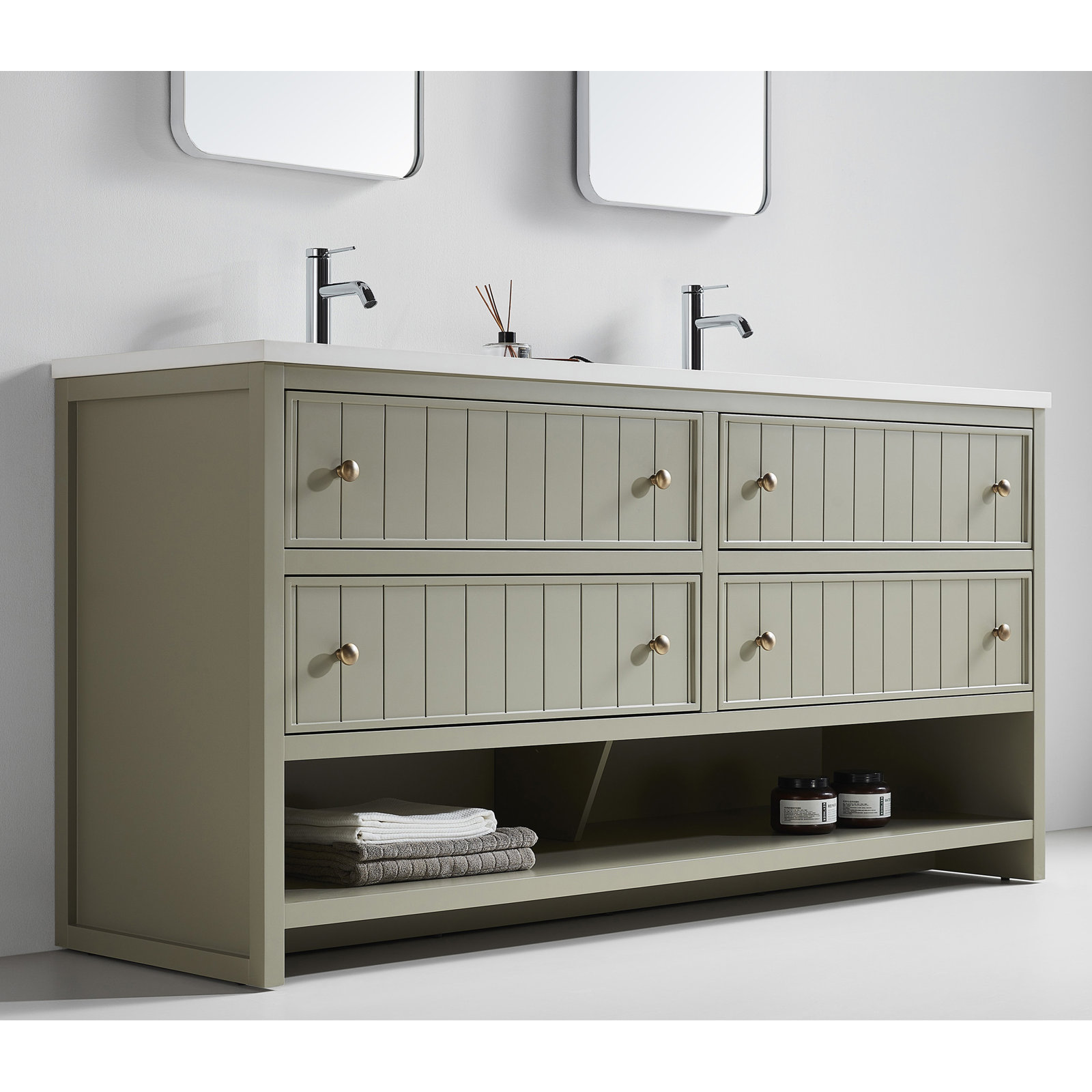 Rennes 60" Vintage Plywood Bathroom Vanity With Engineered Quartz Top, Olive