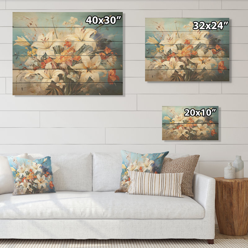 Charme de campagne de lys bleus et blancs - fleurs, art mural sur bois de pin naturel, H 10 po x l 20 po