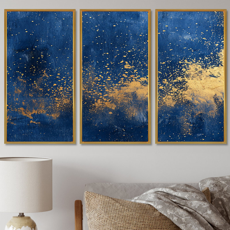 Golden Starry Night - ensemble d'art mural abstrait, Cadre flottant doré, H 28 po x l 36 po x P 1 po