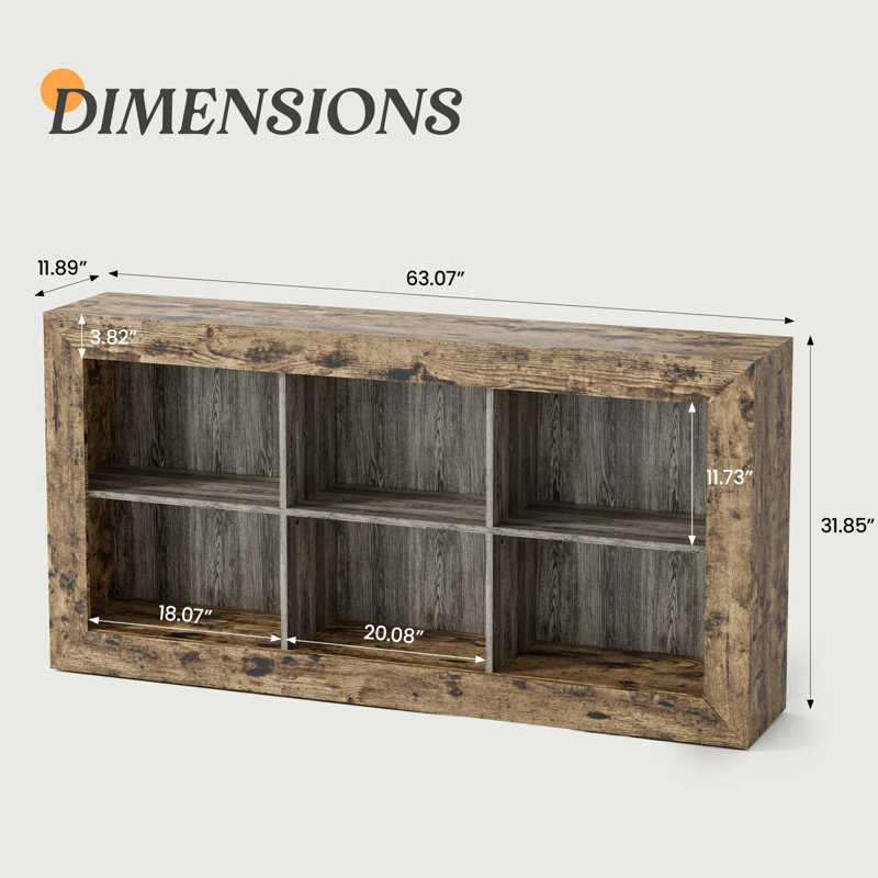 63" Rustic Farmhouse Console Table with 6 Open Cubbies