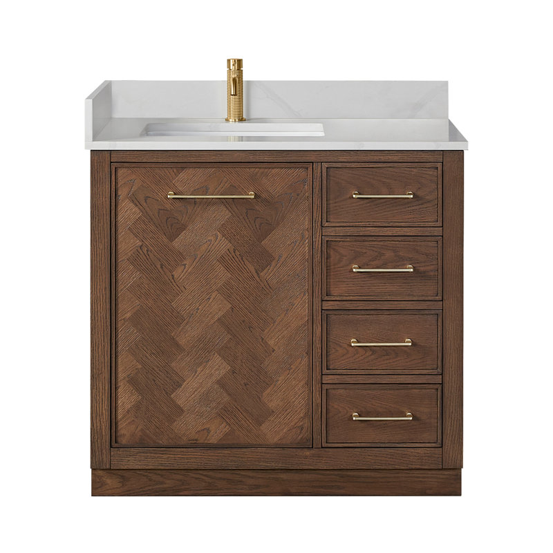 Jakarta 36" Single Bath Vanity with Silk White Quartz Stone Top, Aged Dark Brown Oak, Brushed Gold