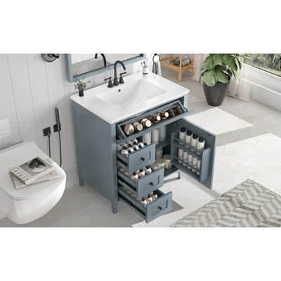 30-Inch Blue Gray Bathroom Vanity With Sink, Modern MDF And Rubberwood Cabinet With 3 Drawers And Adjustable Shelf, Freestanding Vanity For Bathroom Storage And Organization(Old SKU:N725P350819E)
