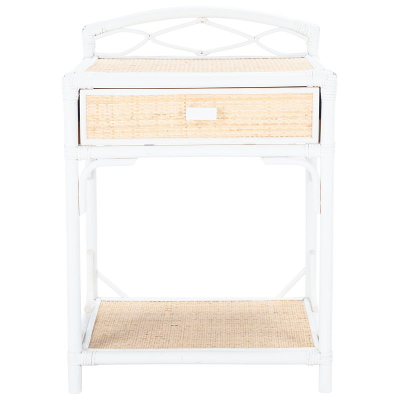 Coastal Blume Rattan Nightstand – Modern 18.5'' W Bedside Table with Drawer, Shelf & Woven Accents, White/Natural