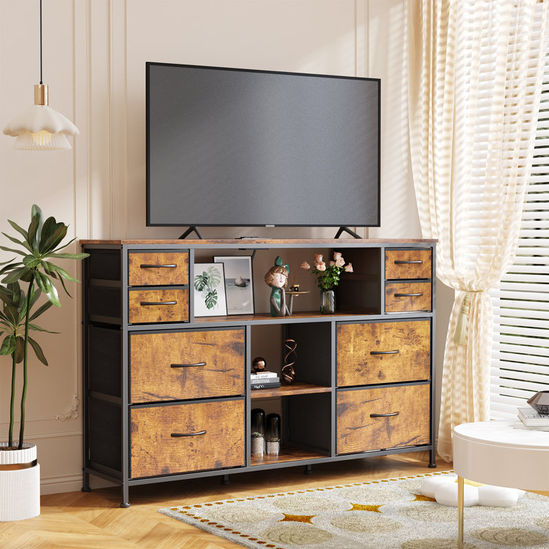 TV Stand For 55" Tvs With Charging Station And LED Lights, Rustic Brown