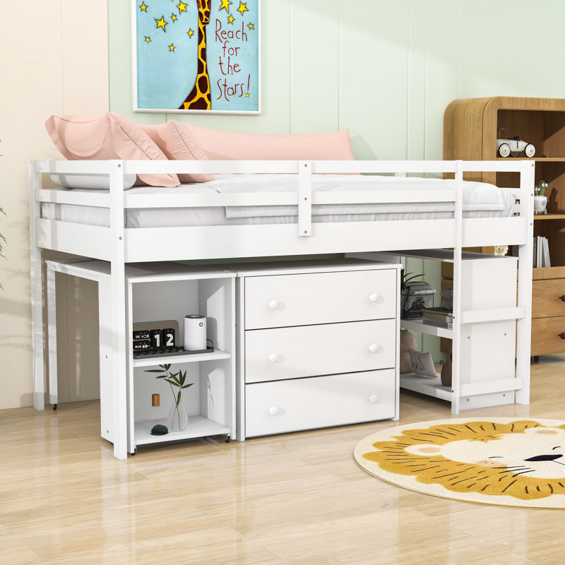 Elieser Kids Twin Loft Bed with Drawers, White
