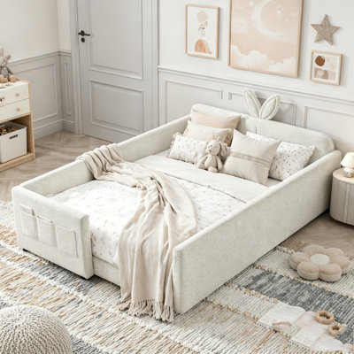 Lit plateforme double avec tête de lit pour oreilles de lapin et barrière de sécurité